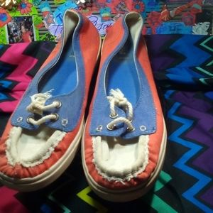 SIZE 9 WOMEN MADLOVE BLUE AND RED SLIP ONS